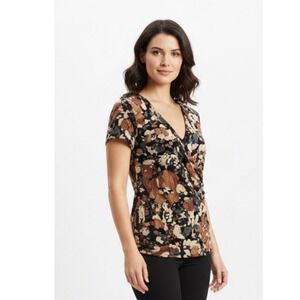 212 Collection Womens Medium Surplice V-Neck Ruched Top Brown Abstract‎ Print